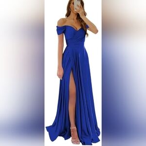 ✨️BRAND NEW✨️ A-line Off The Shoulder Satin Bridesmaid Gown w Slit, Lace-Up Back